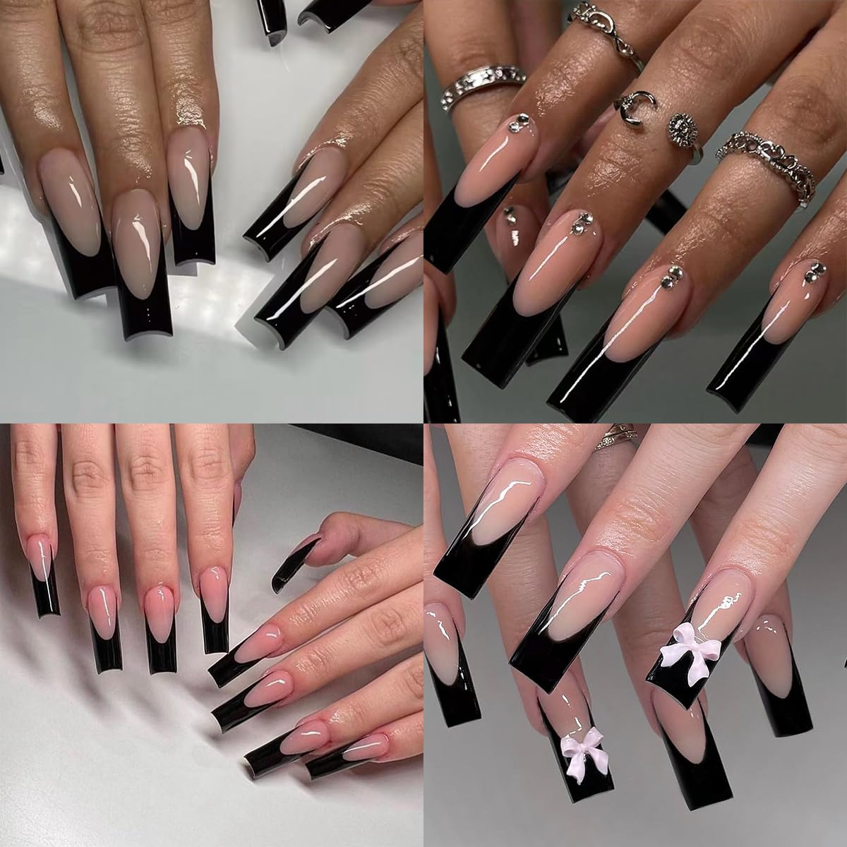 120 Pcs French Tip Press on Nails Long Square Fake Nails Black French Nail Press ons Full Cover Nude False Nails Artificial Acrylic Glue on Nails for Women Girls Finger Nail Manicure Kit