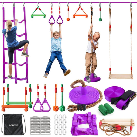 AOBOTE Ninja Warrior Obstacle Course for Kids-Slackline 52ft with 9 Accessries,Awing Seat,Climbing Net,Monkey Bar -Obstacle Course Outdoor-Playset Equipment for Girls & Boys