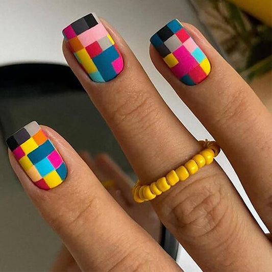 Vezocim Press on Nails Short Square-24Pcs Matte Full Cover Acrylic Square False Nails with Plaids Designs Artificial Extra Short Square Fake Nails with Glue Stick on Fingernails for Women Girls
