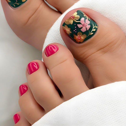 24Pcs Flower Press on Toenails Short Square Fake Toe Nails Press ons Pink Gold Glitter Floral Acrylic Toenails Rose Red Green Toe Press on Nails Summer False Toenails for Coquette Women