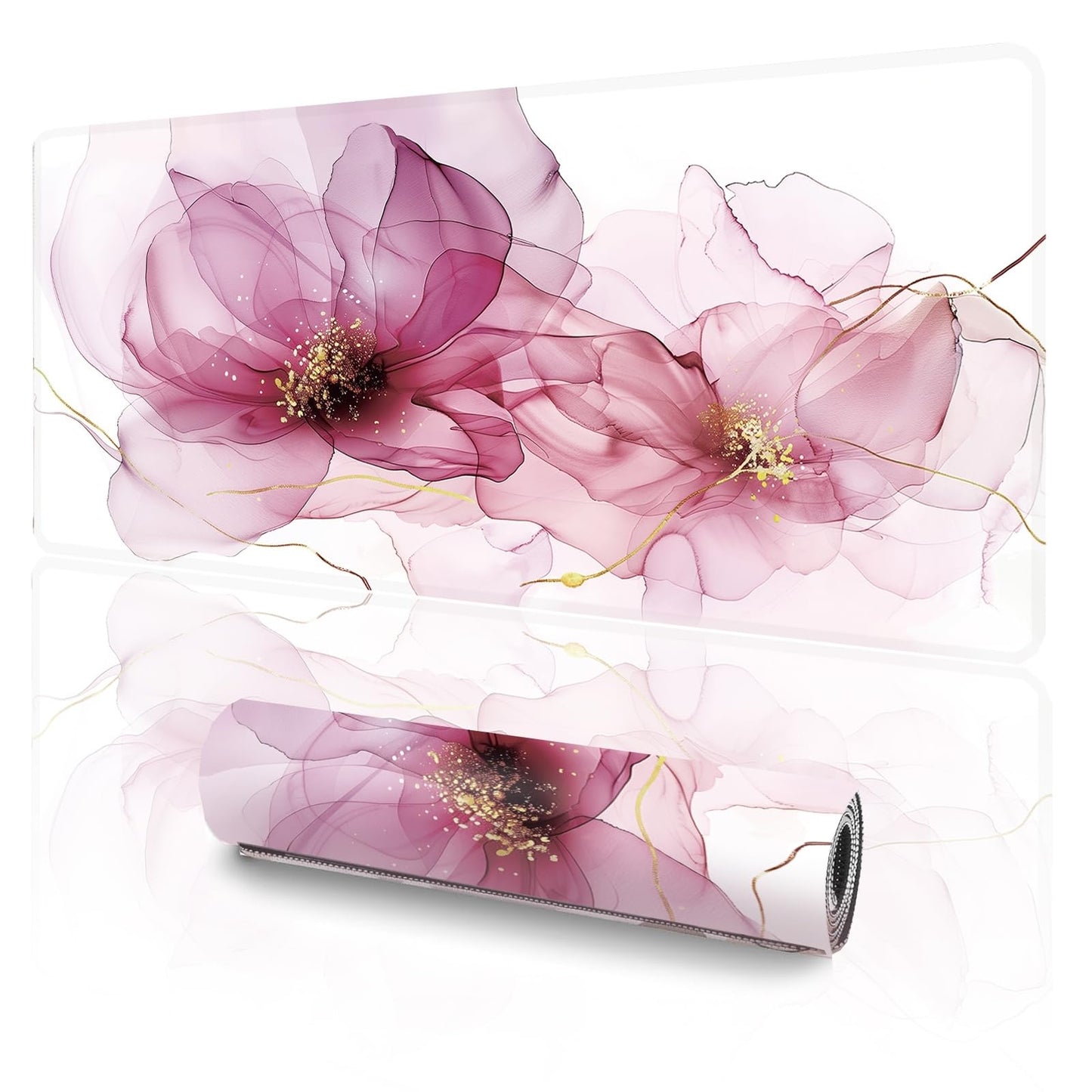 XXL Extended Gaming Mouse Pad (47.2 x 23.6 Inch), Giant Pink Floral Desk Mat for Full Coverage, Luxury Alcohol Ink Marble Design, Non-Slip Blotter, Premium Workspace Protector