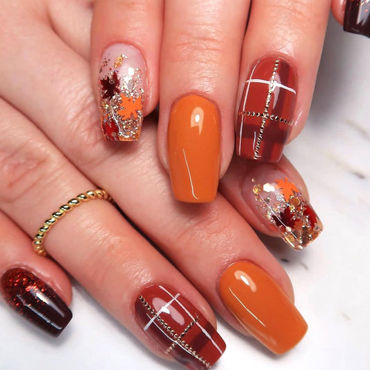 Fall Maple Leaf False Nail Medium Ballet Shaped Thanksgiving Press on Nails Gold Lines Glitter Sequins Design Autumn Stick on Nail Full Cover Artificial Fingernails Festival Glue on Nails for Women