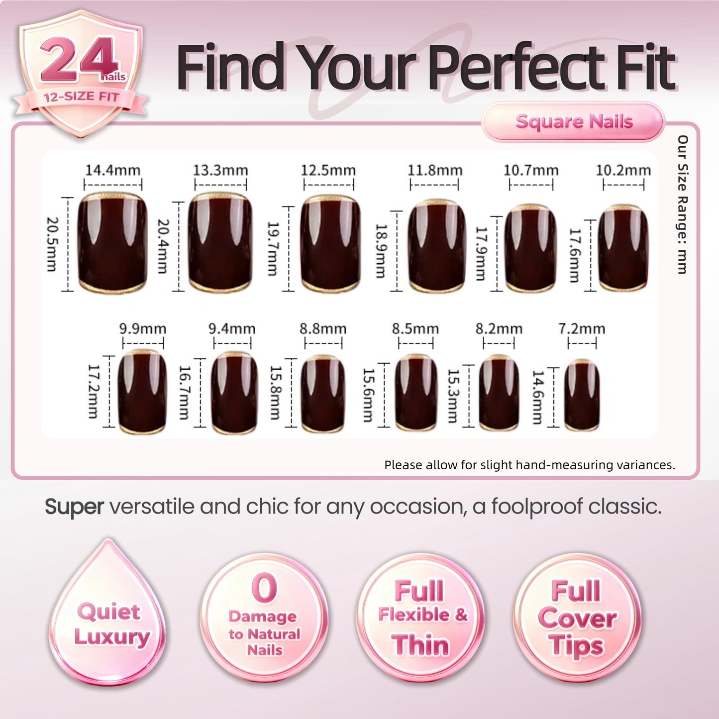 Taoyisent Glossy Chocolate Brown French Tip Press On Nails – Short Square Soft Gel Nails with Gold Edge, Reusable Full Cover Nail Tips, 24PCS