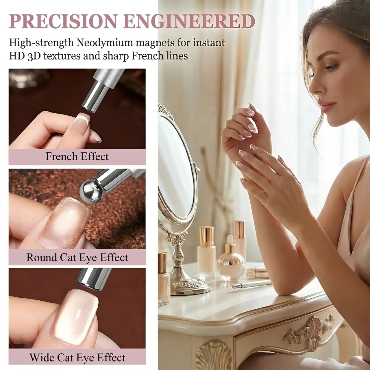 Plman Cat Eye Magnet Set - Nail Magnet for Cat Eye Gel Nail Polish, Professional Nail Salon Tool for Beginners & DIY at Home (Double-Head Set-Silver)