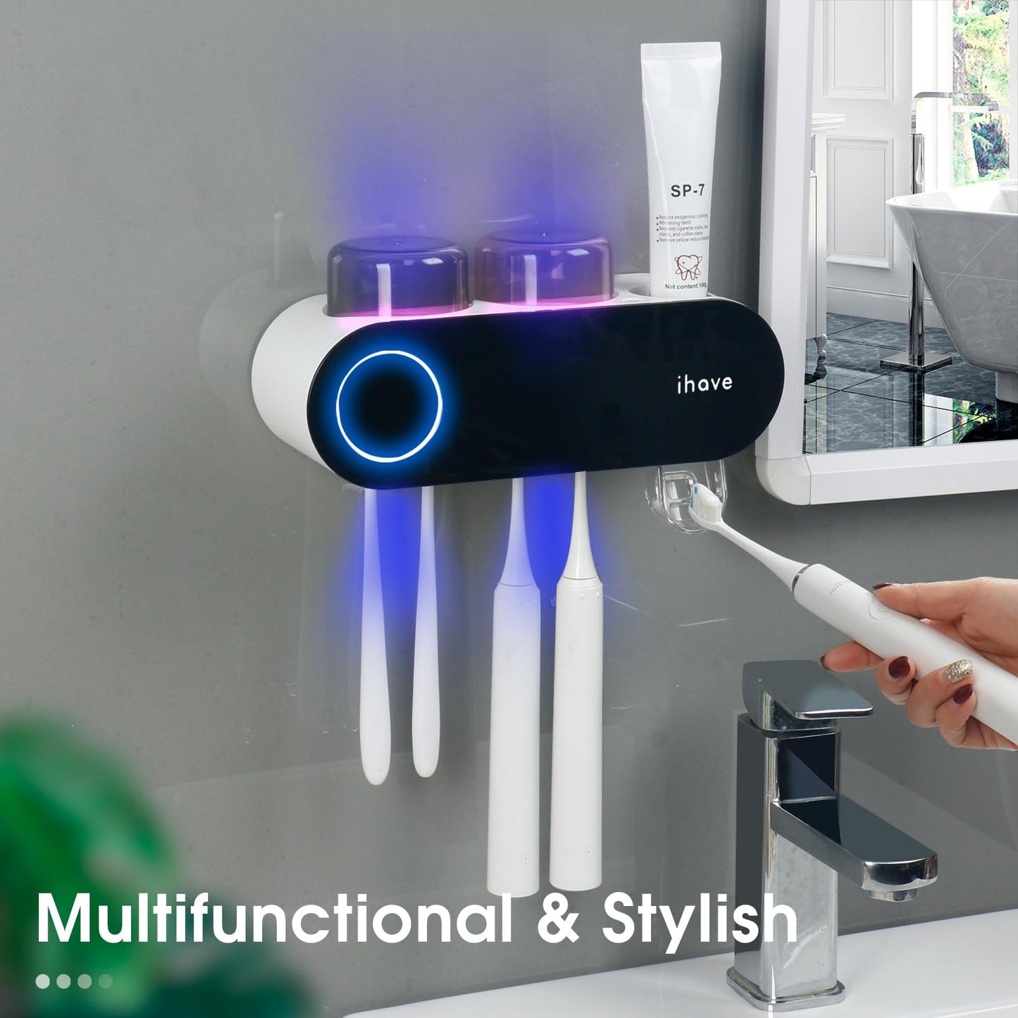 iHave Toothbrush Holders for Bathrooms, UV Toothbrush Sanitizer and Holder Smart Home Bathroom Accessories, 2 Cups Electric Toothbrush Holder Wall Mounted with Toothpaste Dispenser Bathroom Decor