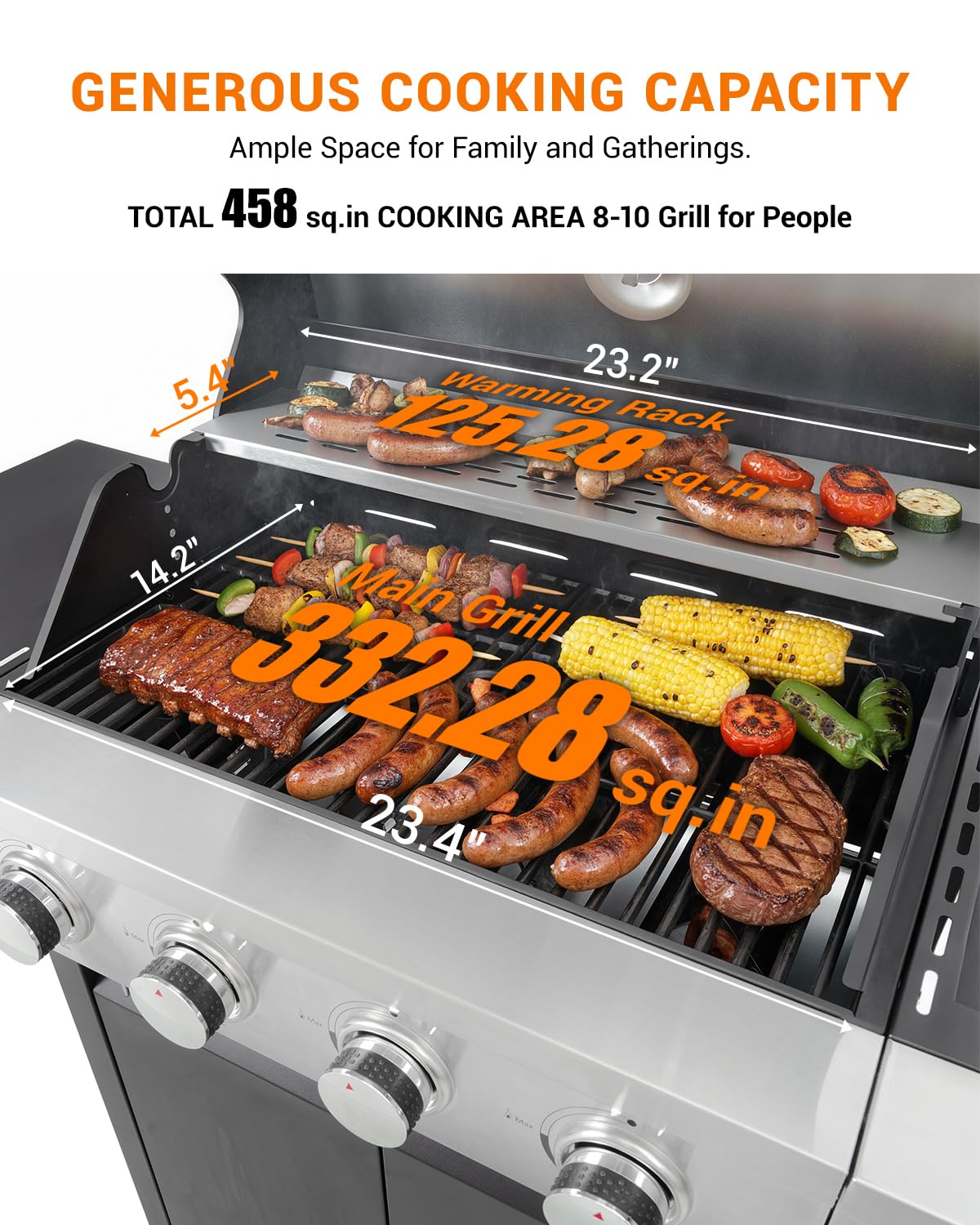 EUHOME 4-Burner Propane Gas BBQ Grill with Side Burner, 46,500 BTU Output Stainless Steel Barbecue Grill with Enameled Cast Iron Grates and Side Tables for Outdoor Cooking Kitchen and Patio Backyard