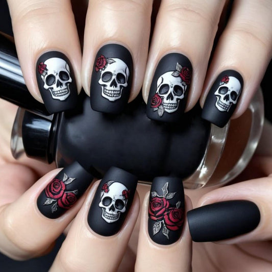 Halloween Press on Nail Short Square Fake Nails The Day of Dead False Nails Skull Red Rose designs Black Press ones Glue on Nails Full Cover Spooky Matte Stick on Nail for Women Party Manicure24pcs