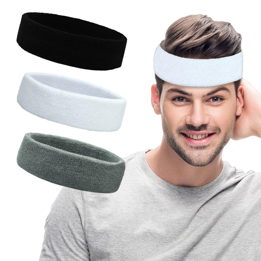 Pejnl Sweatbands Sports Headbands for Men & Women - 3 Pack Moisture Wicking Cotton Headband for Tennis, Basketball, Running, Gym - Sweat Band