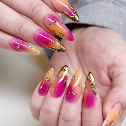 BABALAL Press On Nails, Medium Almond Fake Nails, Pink Orange Ombre With Gold Star Charm, Summer Bright Full Cover Glue On Nails For Women And Girls 24Pcs Reusable