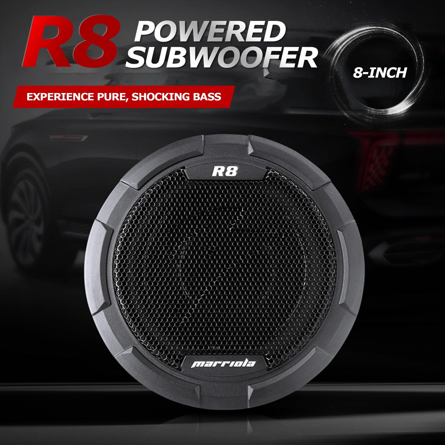 Levhorzn Marriola R8 Slim Under-Seat Powered Subwoofer with Built-in Amplifier – Compact Bass Upgrade for Car Audio, 8 Inch, Easy Install, High-Level & RCA Inputs, Complete Wiring Kit