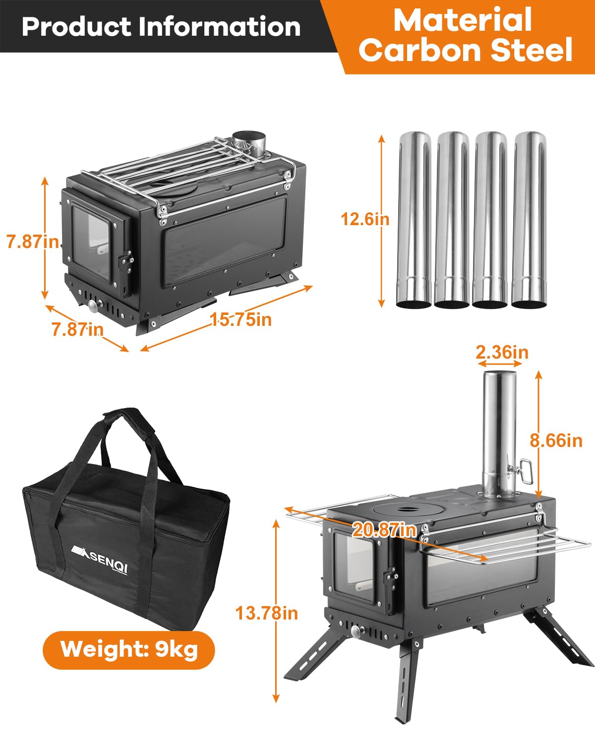 Camping Wood Stove，Wood Burning Tent Stove，Portable Hot Tent Stove for Camping, Hunting, Ice Fishing，Cooking，Shelter (Black)