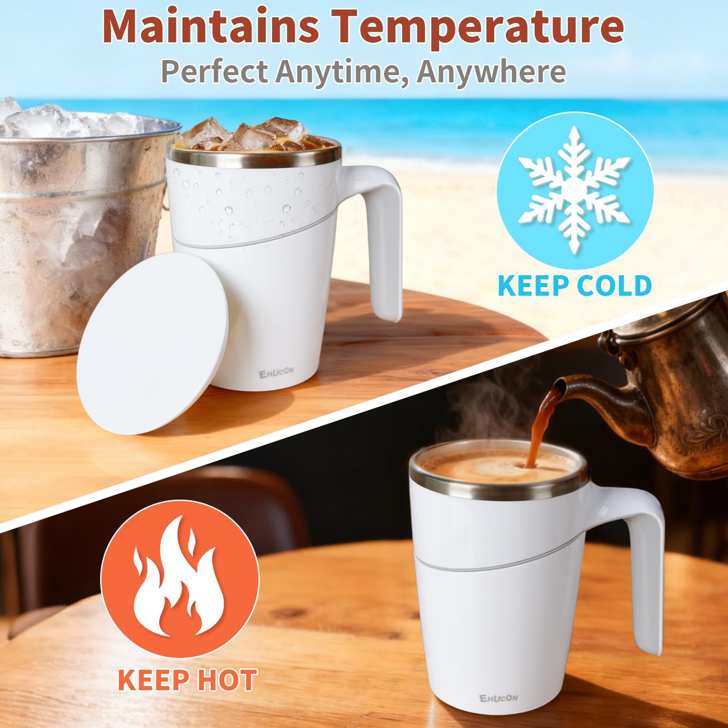 Anti-Impact No-Tip Desk Mug, 470ml / 15.9oz Stainless Steel Insulated Mug with Handle, Smart Suction Base, Non-Slip & Knock Proof, Helps Prevent Desk Spills for Coffee, Tea, Kids & Pets (White)