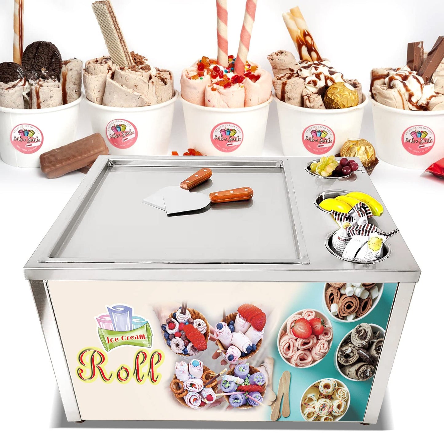 Kolice Countertop Commercial 18x18 inches Single Square Fried Ice Cream Machine with 3 Tanks, Roll Ice Cream Machine AUTO DEFROST, PCB of Smart AI Temp. Controller
