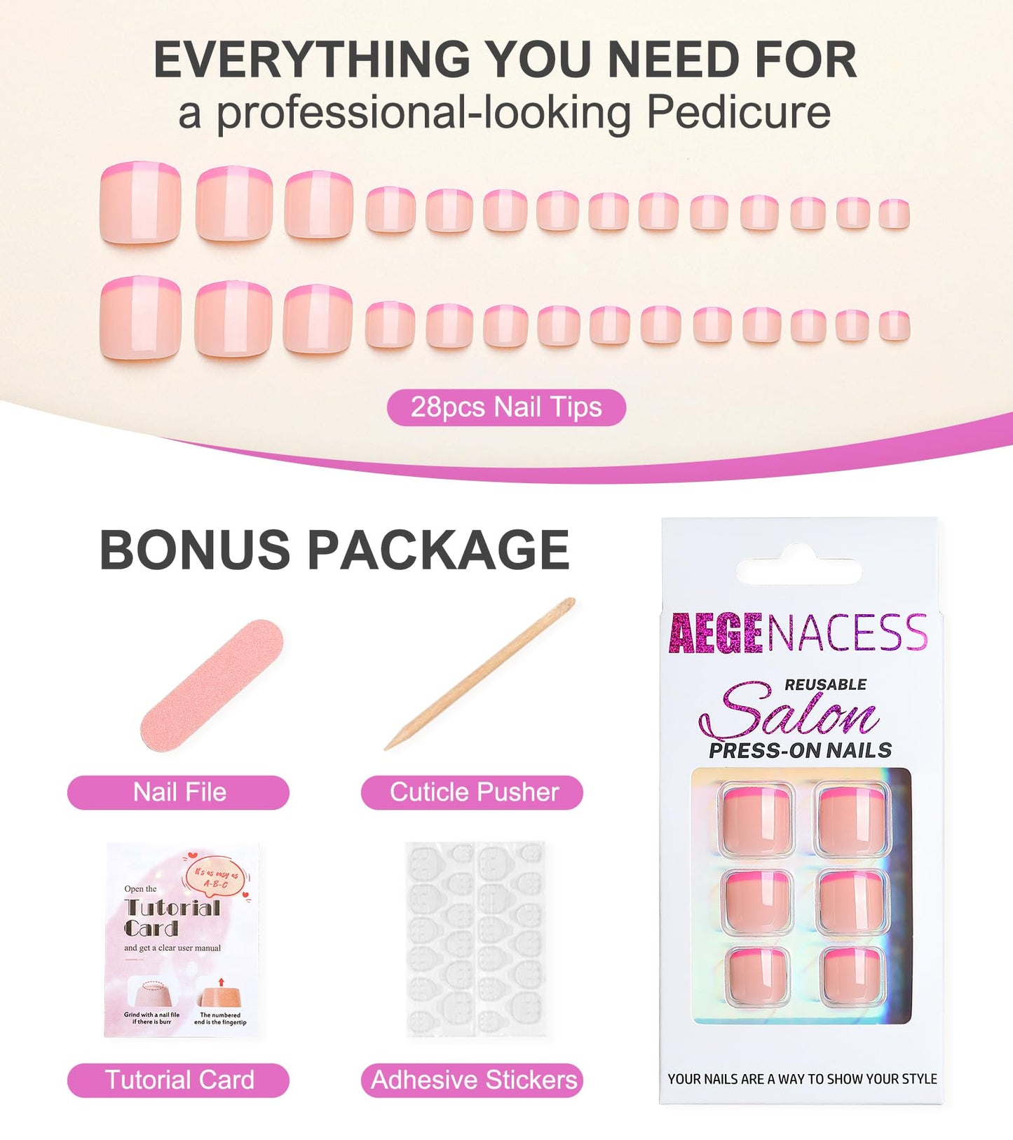 Aegenacess Toe Press on Nails Short Hot Pink French Tip Summer Fake Toenail Press Ons False Nail Pedicure Kit for Women 28pcs Squoval Shape in 14 Sizes (Hot Pink French Tip)