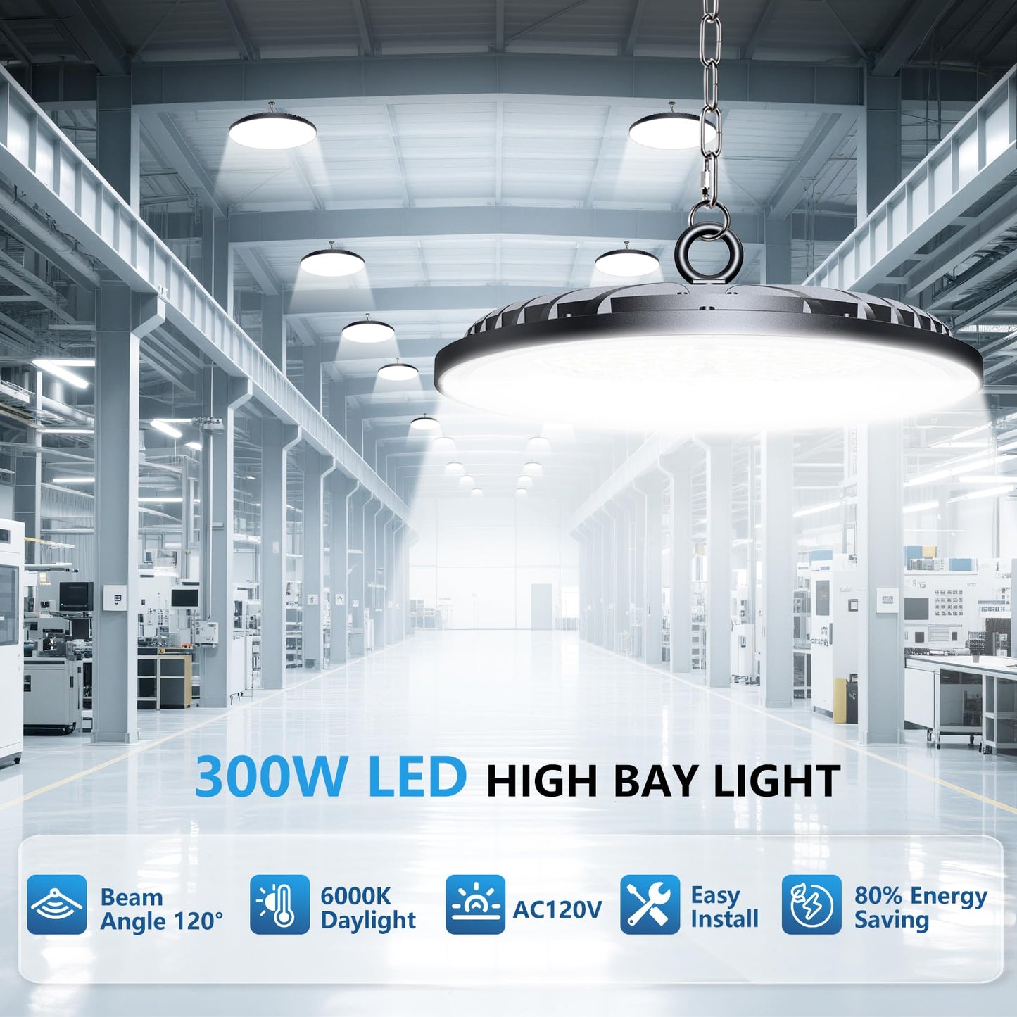 AIKVSXER 6 Pack 300W LED Shop Lights, 45000LM 6000K Daylight UFO LED High Bay Light, IP65 Waterproof Commercial Bay Lighting with Plug for Warehouse Garage Lights Workshop Gym Factory