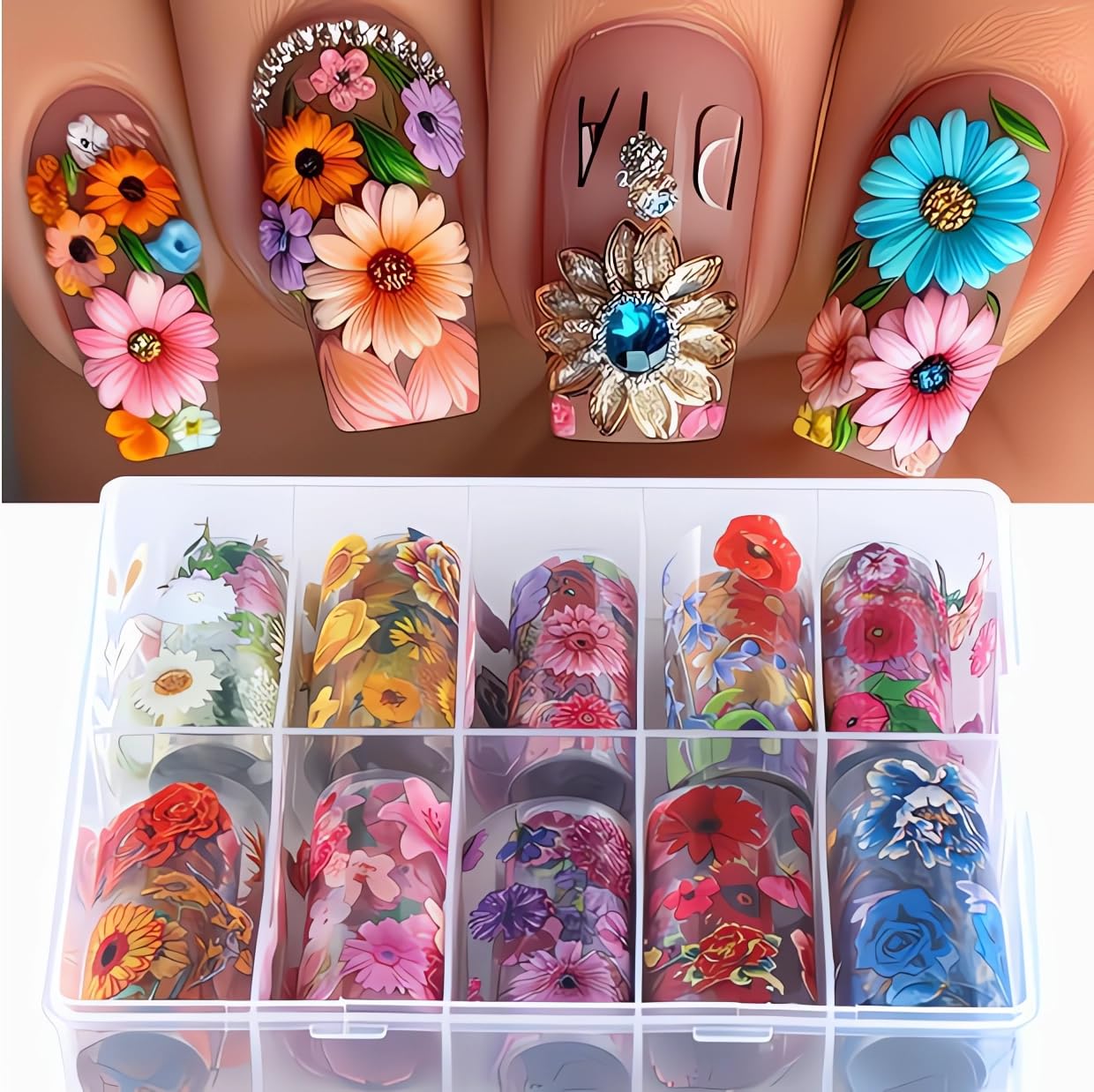 Floral Nail Foils Transfer Nail Art Flower Nail Stickers Spring Summer Foil Nail Art Supplies 10 Rolls Sunflower Rose Daisy Nails Foil Transfer Stickers Starry Sky Paper Manicure Accessories for Women