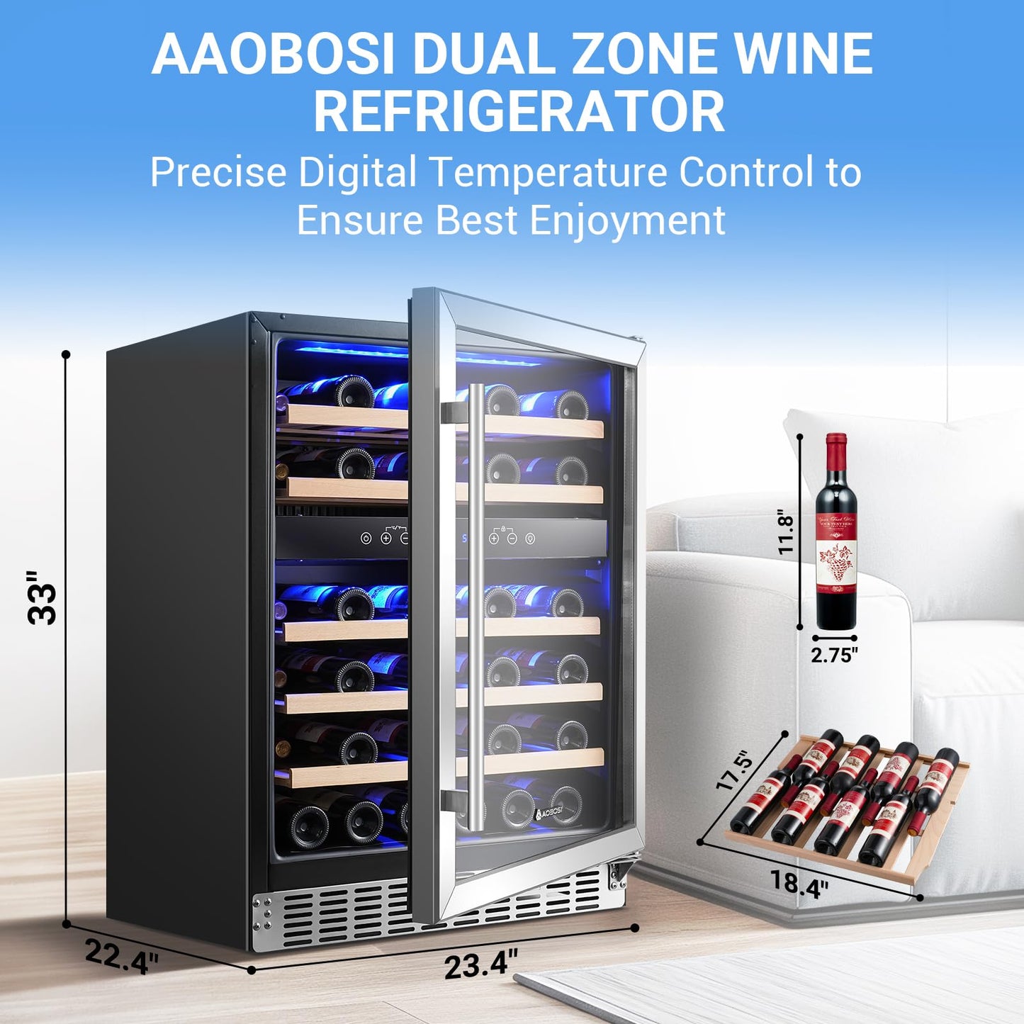 AAOBOSI Wine Fridge Cooler, 46 Bottles,24 inch Dual Zone Wine Cooler Under Counter with Safety Lock,Built-in or Freestanding Wine Refrigerators for Home,Office,Bar