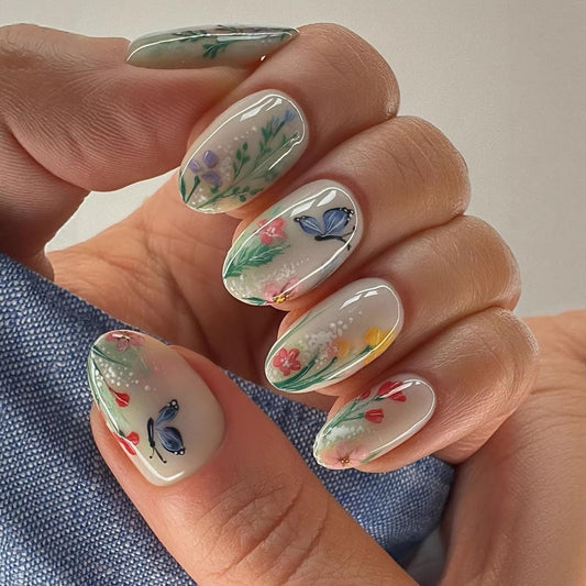 Floral Butterfly Press on Nails Summer Fake Nails Almond Shape Nails Press ons Reusable Glossy False Nails Small Flowers Acrylic Nails Elegant Full Cover Stick on Nails for Women Nature Manicure