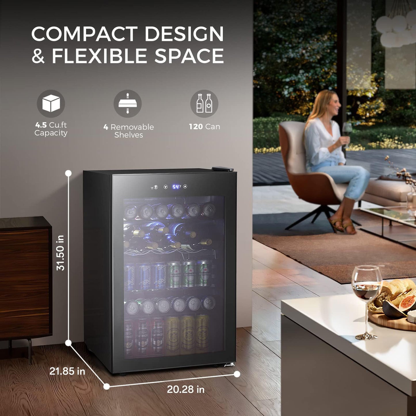 Kismile 4.5 Cu.ft Beverage Refrigerator and Cooler,145 Can Mini Fridge Glass Door with Digital Temperature Display for Soda,Beer or Wine,small Drink Dispenser Cooler for Home,Office or Bar (Black)