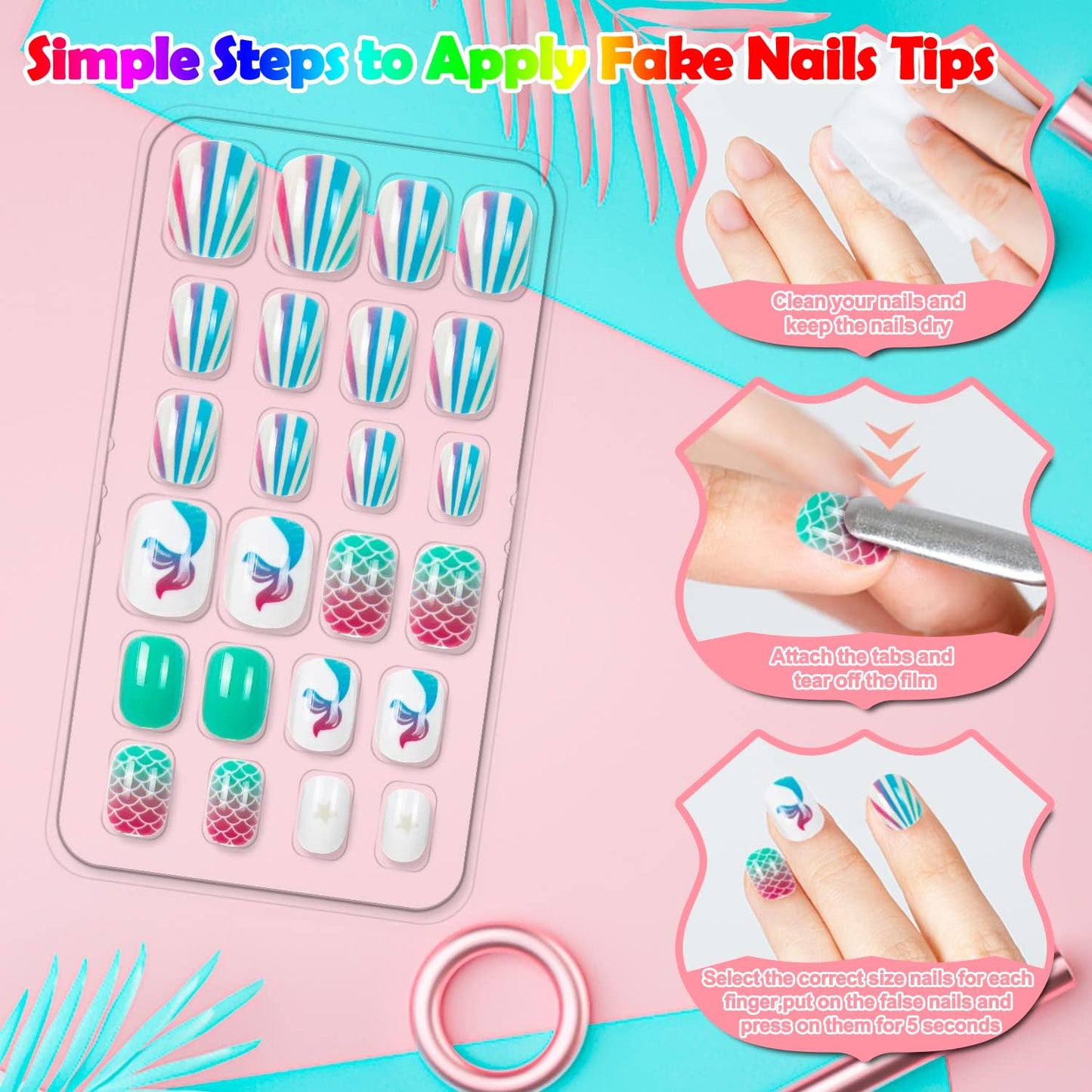 240 Pieces Press on Nails Girls Fake Nails for Kids Artificial Kids Press on Nails Full Cover Short Acrylic Stick On Nails False Nail Tips Kit for Girls Nail Art Decoration