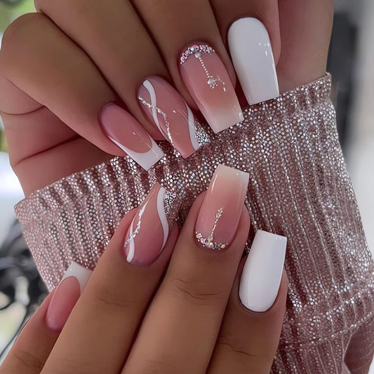 IMSOHOT Coffin Press on Nails Long Gradient Fake Nails Pink Rhinestone False Nails with Designs White Ballerina French Glossy Full Cover Acrylic Nails 24Pcs