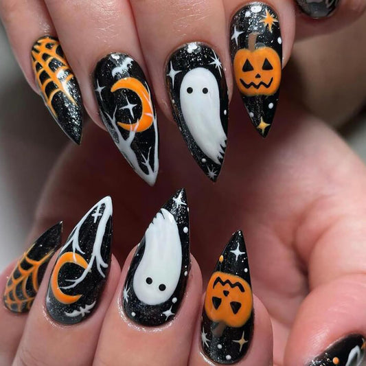 24 Pcs Halloween Press on Nails Almond Medium Fake Nails Halloween False Nails with Ghost & Pumpkin Design Fall Almond Nails Press ons Full Cover Reusable Stick on Nail for Women