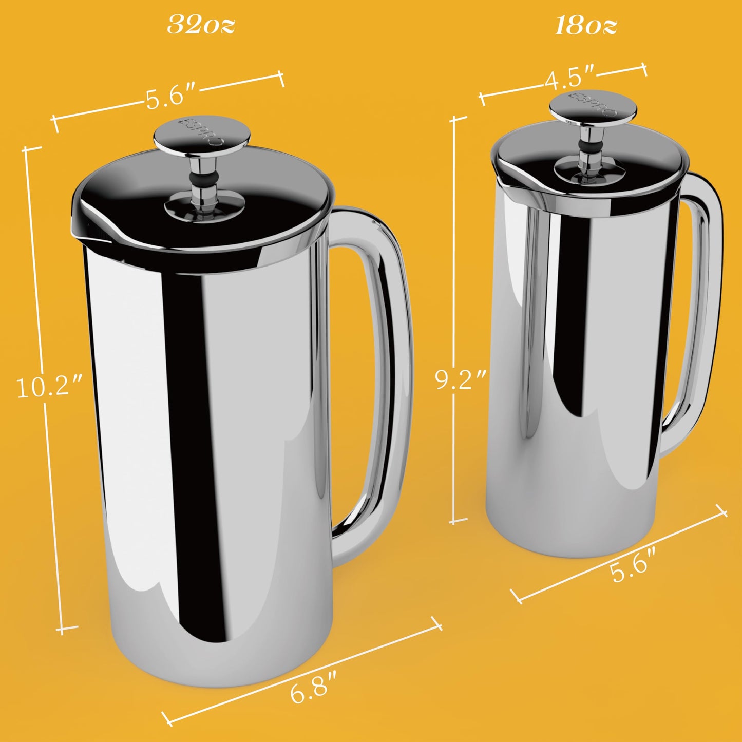 ESPRO P7 French Press Stainless Steel 304 – Patented Double Walled Micro-Filter Insulated French Press Coffee Maker, Grit-Free Brew - Heat Resistant Plastic Free Coffee Maker, Polished (32oz)