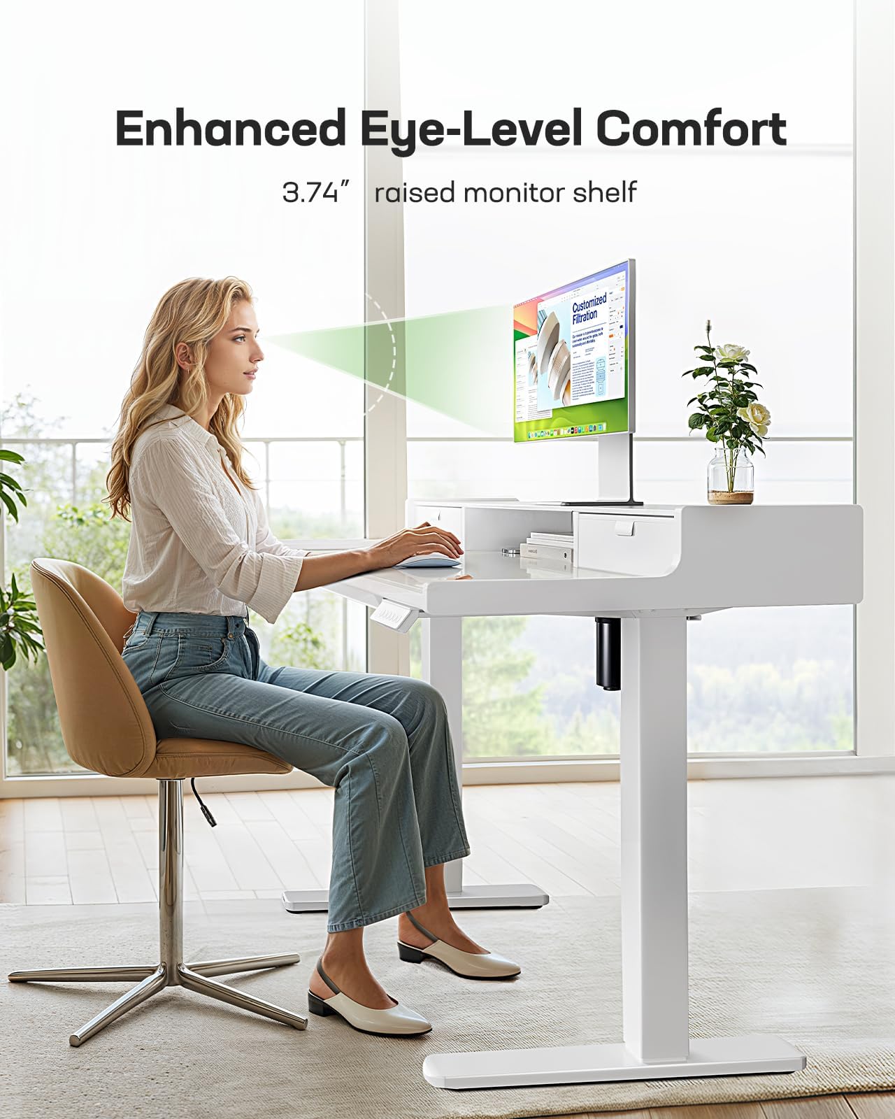 Marsail Glass Electric Standing Desk with Drawers, 48 x 24 Inch Height Adjustable Desk with Monitor Stand, Stand Up Table with Drawers for Home & Office, 4 Preset Heights, White