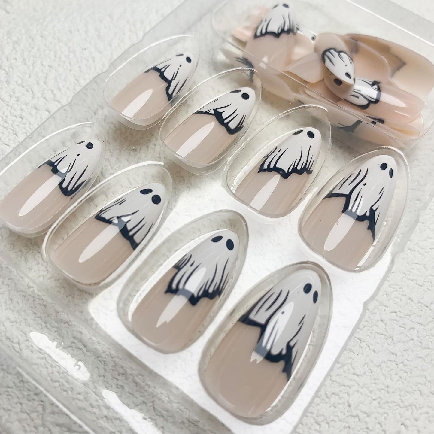 Halloween Press on Nails Ghost French Tips Fake Nails Almond False Nails with Designs White Cute Ghost Acrylic Nails Glossy Glue on Nails Full Cover Stick on Nails for Women Girls 24Pcs