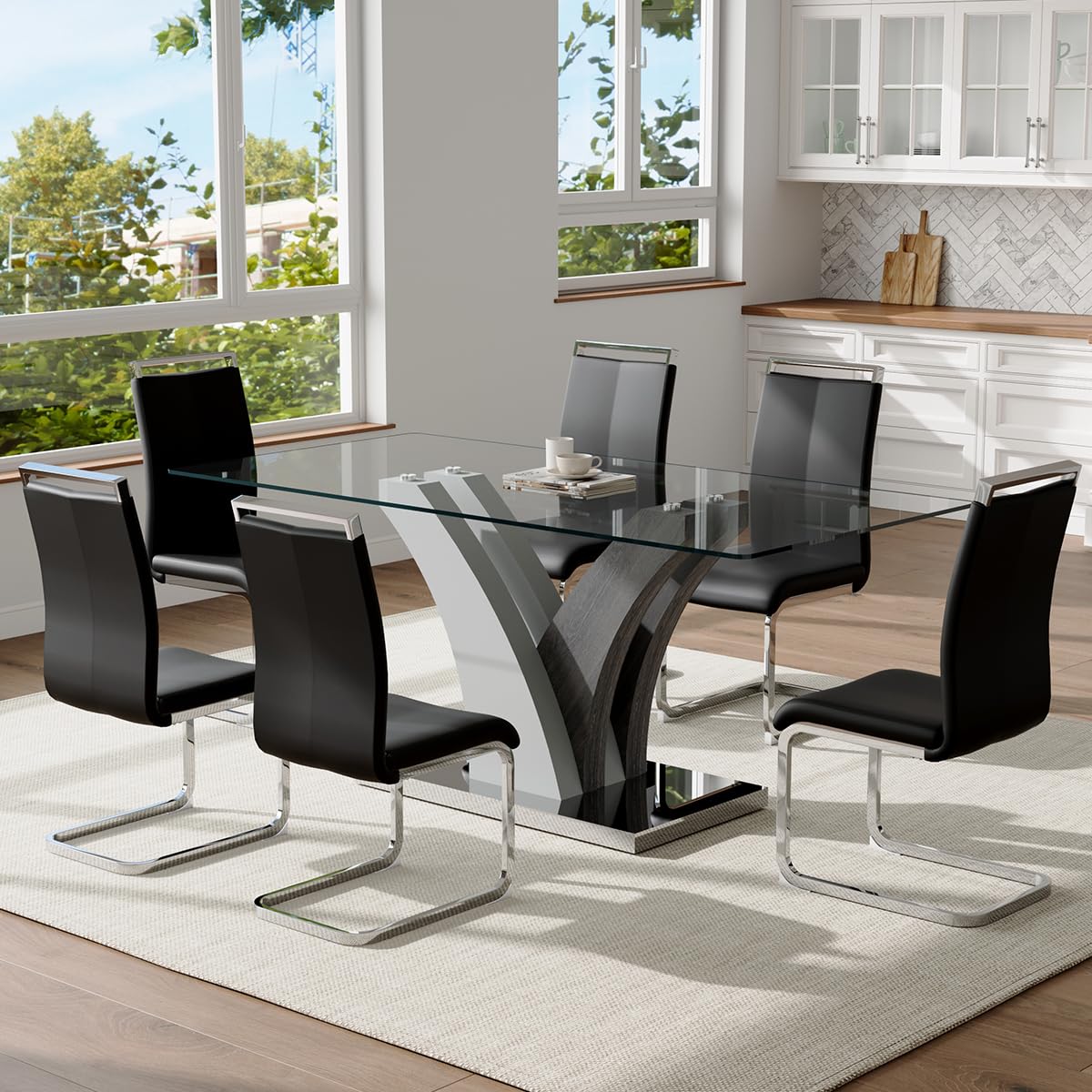 JEARGE Glass Dining Table Set for 6, 71” Kitchen Table Set for 6, Large Dining Room Table Set with PU Leather Chairs, Rectangular Tempered Glass Tabletop with Stable Silver Base