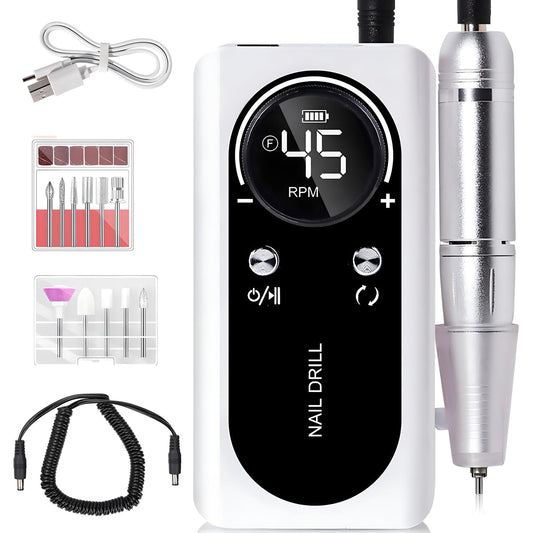 Electric 45000RPM Nail Drill Machine Rechargeable Portable Nail File Electric DIY Nail Drill Kit with Smart LCD Screen for Gel Nail Manicure and Pedicure Reflective Body etc(White)