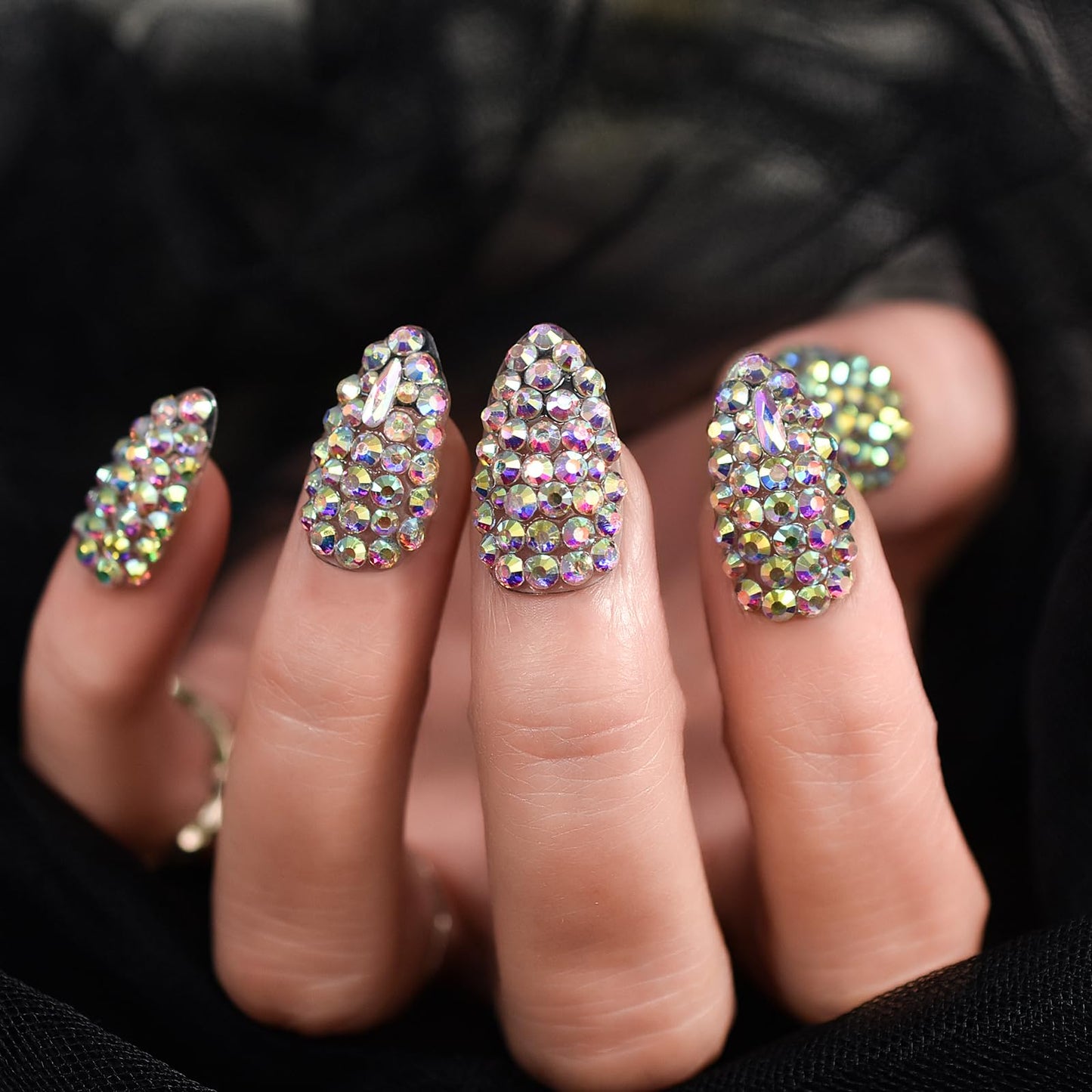 Coolnail Shiny 3D Crystal Rhinestones Press on Nails, Medium Stiletto Holo Diamonds Handmade Tips Kit, Jewelry Gems Full Cover Fake Glue Stick on, Luxe for Party Women & Girl