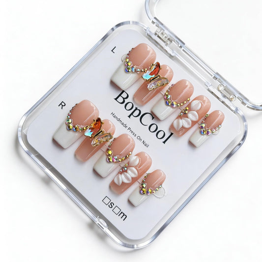 Handmade Press On Nails, 3D Flower & Butterfly White French Tip Fake Nails with Rhinestones, Reusable Acrylic False Nails Medium Length Square Press on Nails(M-10Pcs)