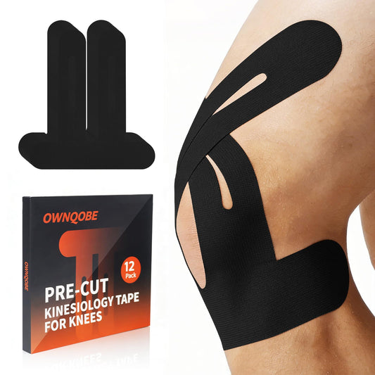 12 Pack Precut Kinesiology Tape for Knees & Shoulder, Knee Support & Stability for Sports, Waterproof & Elastic Tape for Knee Pain Relief, Breathable Hypoallergenic & Latex-Free, Black