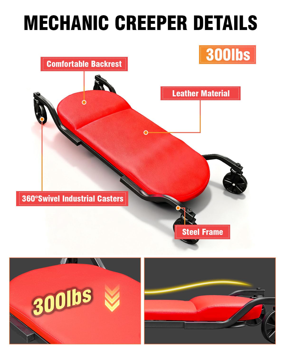 INCENDIOS 43.4 Inch Heavy Duty Mechanic Creeper with Padded Headrest & 360° Swivel Casters, Oversized Garage Creeper for Auto Repair Shop & Workshop, 330 lbs Load Capacity Automotive Rolling Creeper