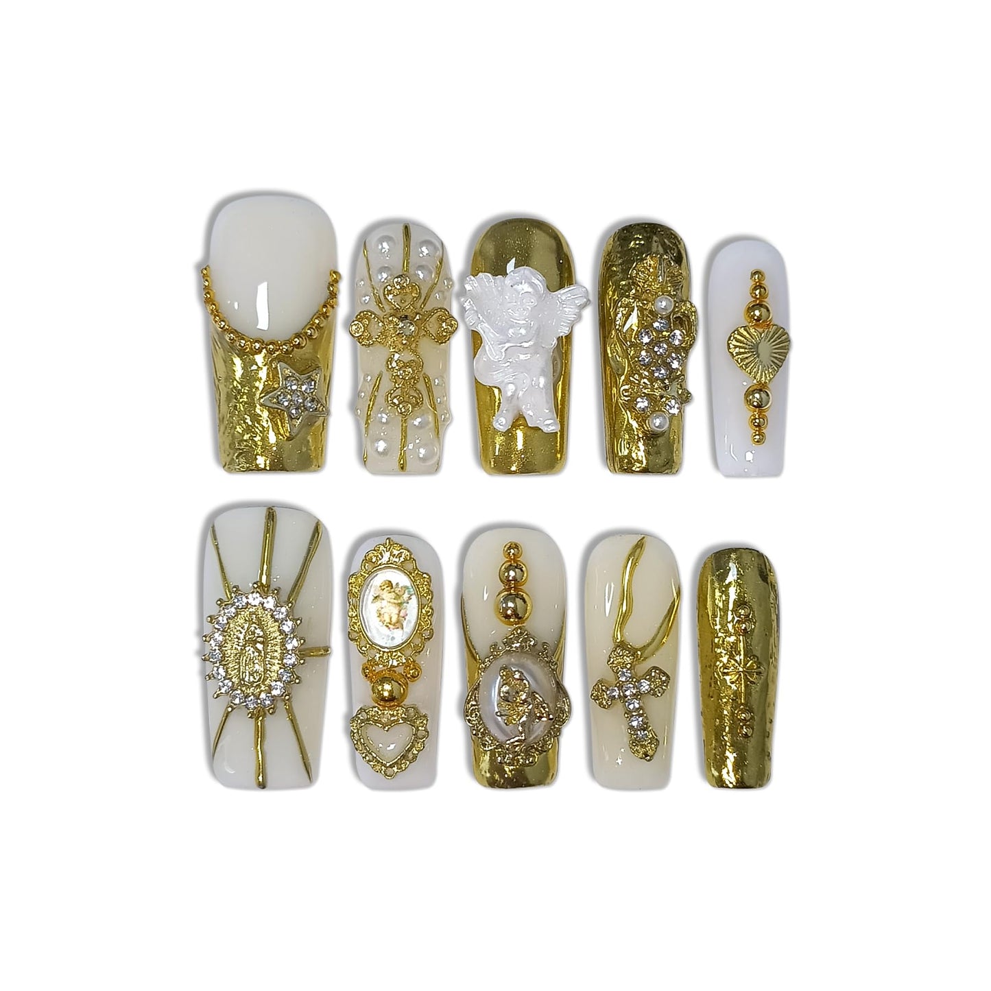 TENPAL Baroque Press on Nails Long Coffin 3D Embossed Pearl Cross Charm Luxury False Nails for Women Gold Glam Royal Cathedral Style Glue on Nails for Parties Holiday Events(L)