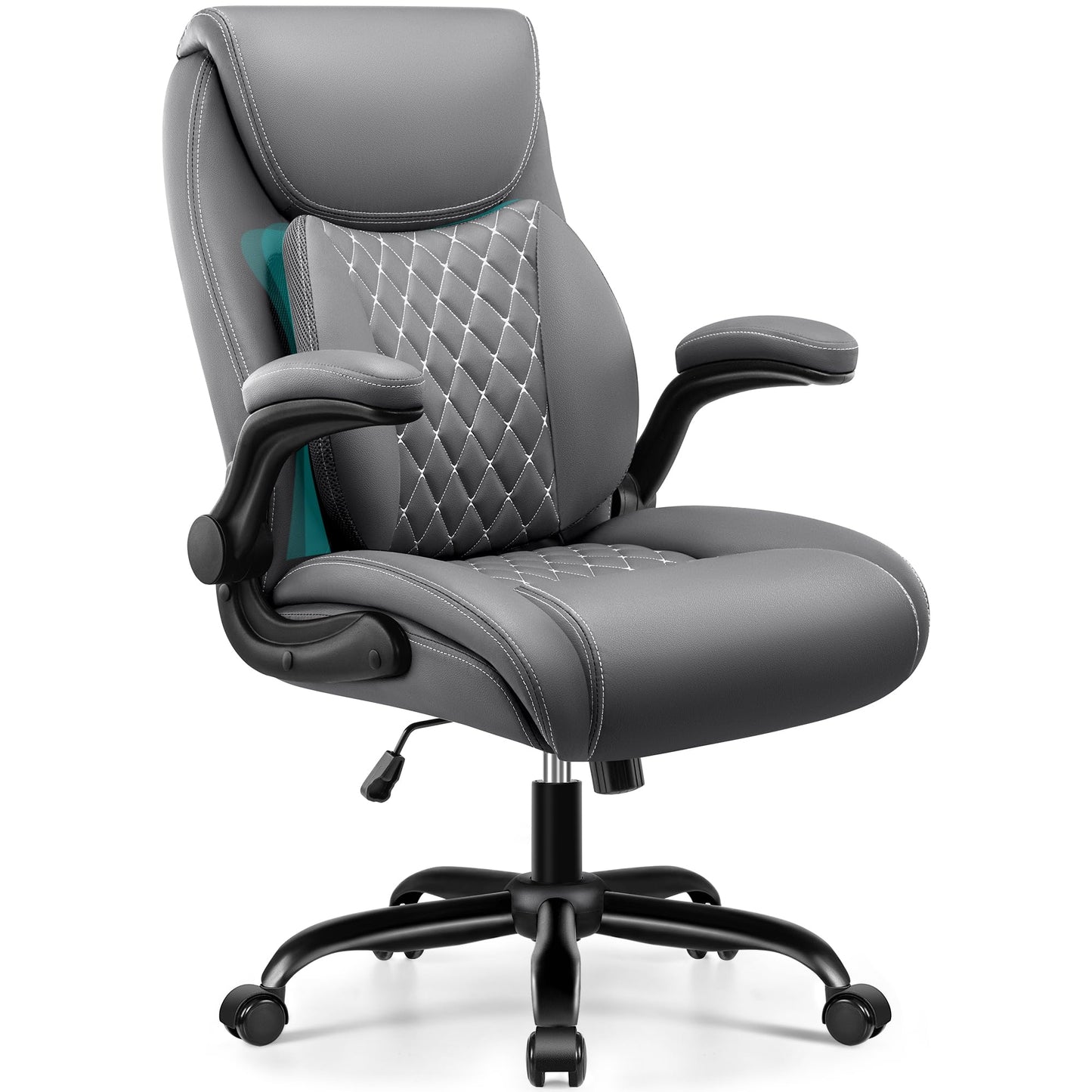 BESTFAIR Office Chair, Executive Computer Desk Chair with Lumbar Support for Lower Back Pain Relief, Ergonomic Leather Home Chair Comfy with Padded Flip-up Arms and Adjustable Armrests, Gray