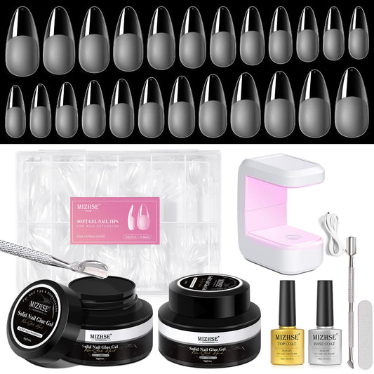 MIZHSE Gel Nail Kit, Solid Nail Glue Gels with 240Pcs Almond Medium Nails Tips Soft Gel Half Matte, Portable U V LED Nails Lamp Gels Extension Kit for Salon Art Home DIY Manicure
