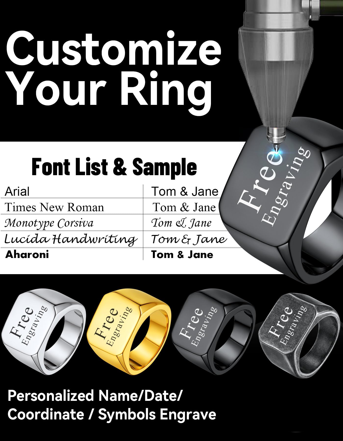 Black Personalized Signet Rings for Men Women Solid Polished Stainless Steel Biker Ring Size 9
