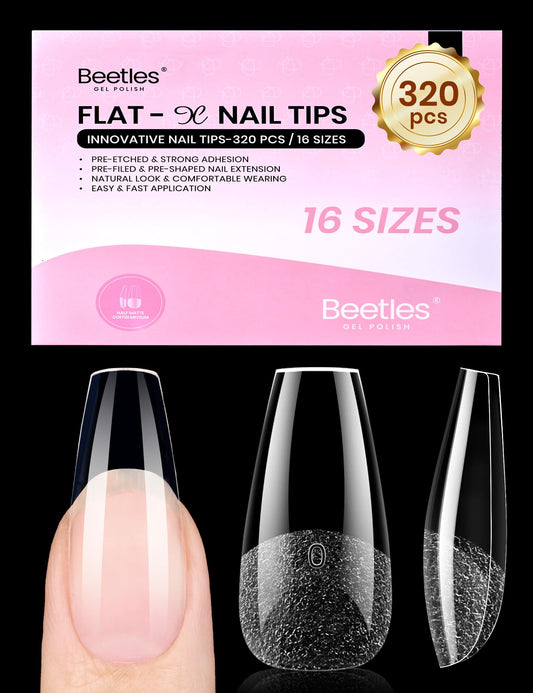 Beetles Gel Nail Tips Flat-X - Coffin Medium, 320pcs 16 Sizes, Pre-Etched Half Matte Full Cover Soft Acrylic Press on False Nail Extension Tips Easy DIY Salon Art for Flat & Natural Nail Beds