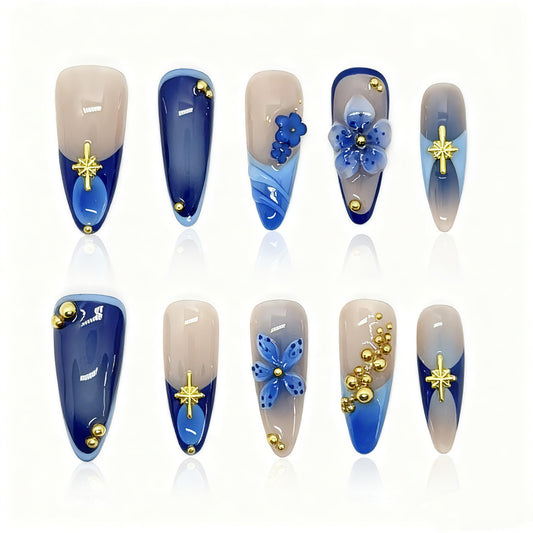 Reusable Press On Nails for Women & Girls - Short Almond Shape, Green Gradient with 3D Hand-Sculpted Florals, Holiday Party Manicure (F-Dark Blue Long, S)