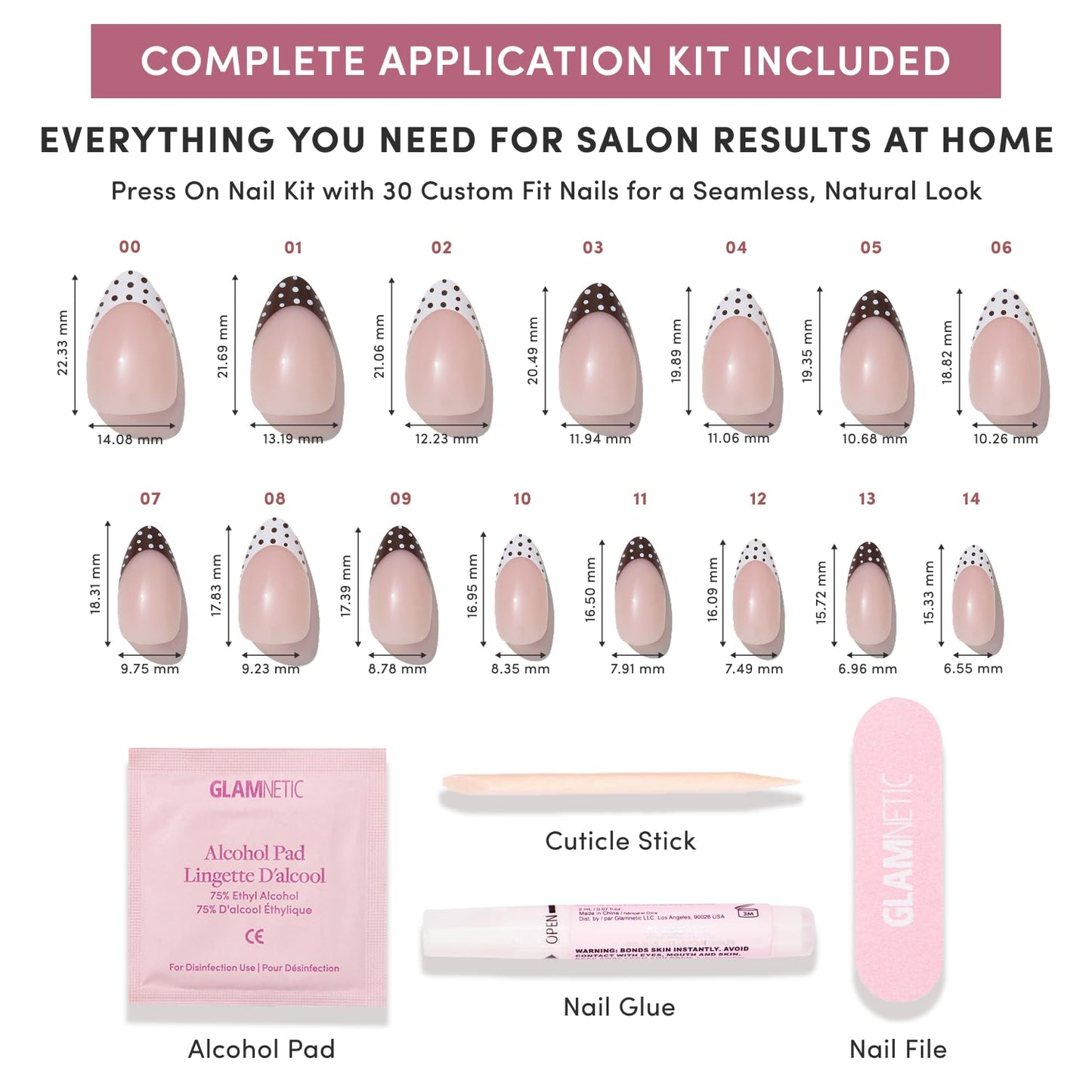 Glamnetic Press On Nails - Short Almond Fake Nails with Polka Dot French Tips, Glossy Finish | Salon Quality | Vacation Nails | Polka in Positano | 15 Sizes - 30 Nail Kit with Glue