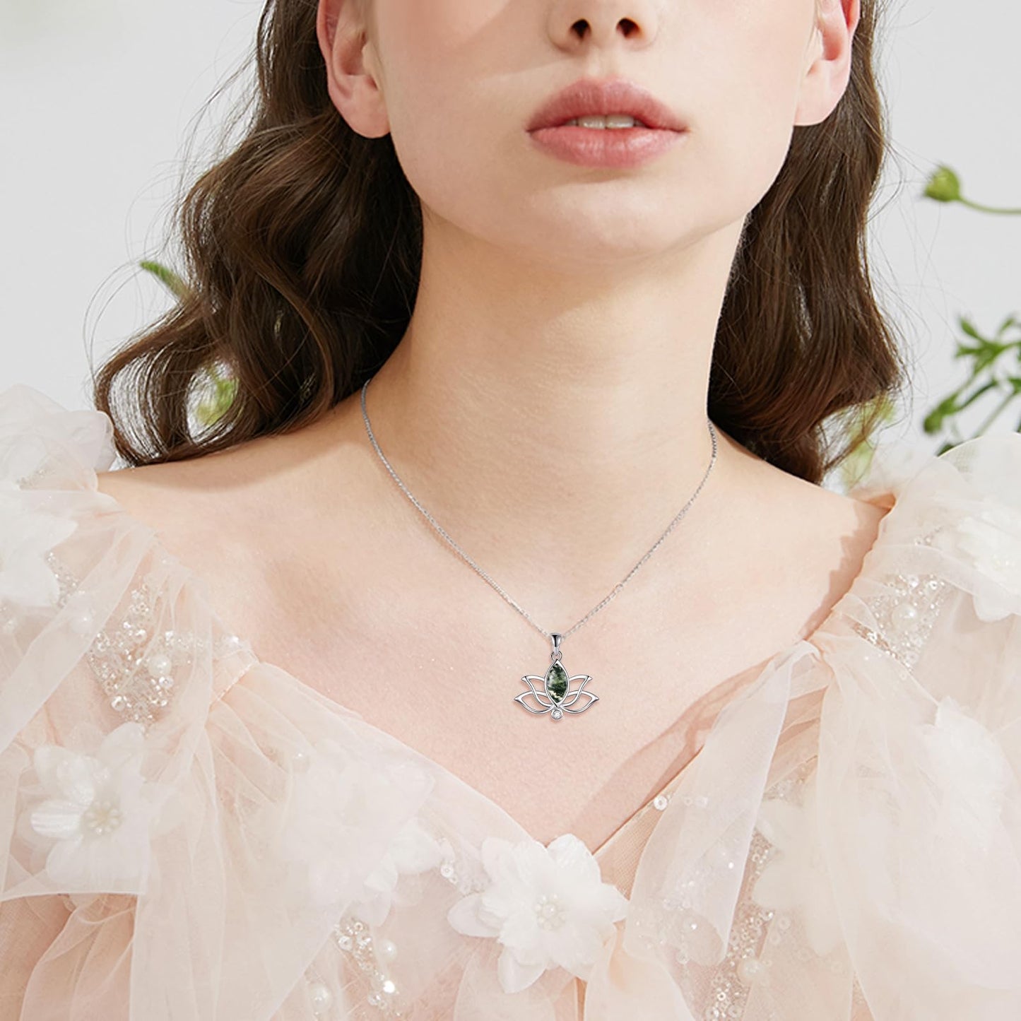 YFN Lotus Flower Necklace Sterling Silver Moss Agate Lotus Pendant Lotus Jewelry Gifts for Women