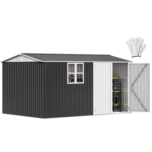 DWVO 12x8ft Large Tool Storage Shed with Window, Lockable Doors, and Sloped Roof, Oversized Steel Outdoor Storage Shed for Garden, Patio, Garage, Backyard, Lawn(Gray + White)