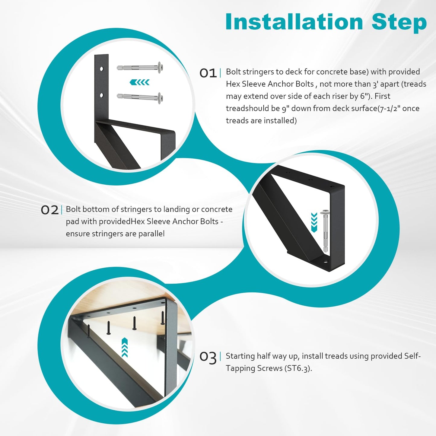 CCBOYSHARDWARE Steel Stair Stringer 7 Step, Metal Stair Riser with Pre-drilled Holes for 58in Deck Height, Heavy Duty Outdoor Steps, Max Load 500lbs,2 Pcs