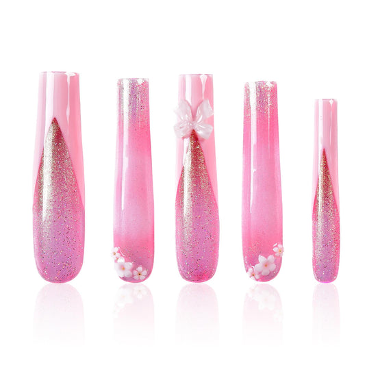 Tmani 10pc/set Extra Long Handmade Press On Nail Hot Girl's Long Ballet Square Nail Full of Diamond Glitter Decoration Fake Nails Suitable For Girls Festival Parties and Birthday Gift（123,Size-S)
