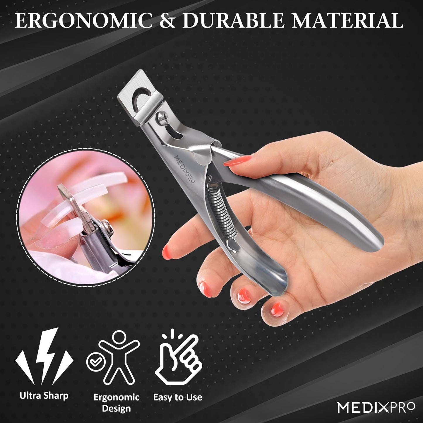 MedixPro Acrylic Nail Clipper with Magnet Silver Professional Nail Tip Cutter Adjustable Nail Extension Cutter Stainless Steel Sharp Blade for Acrylic Gel False Nails Manicure Pedicure Nail Art Cutter