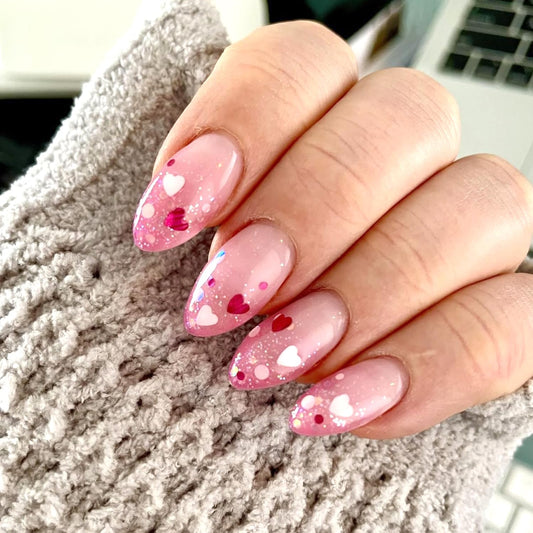 24Pcs Valentines Press on Nails Medium Almond Fake Nails Heart Polka Dots False Nails Glitter Sequins Full Cover Pink Smudge Glossy Reusable Holiday Gel Acrylic Stick on Nails for Women Manicure Decor