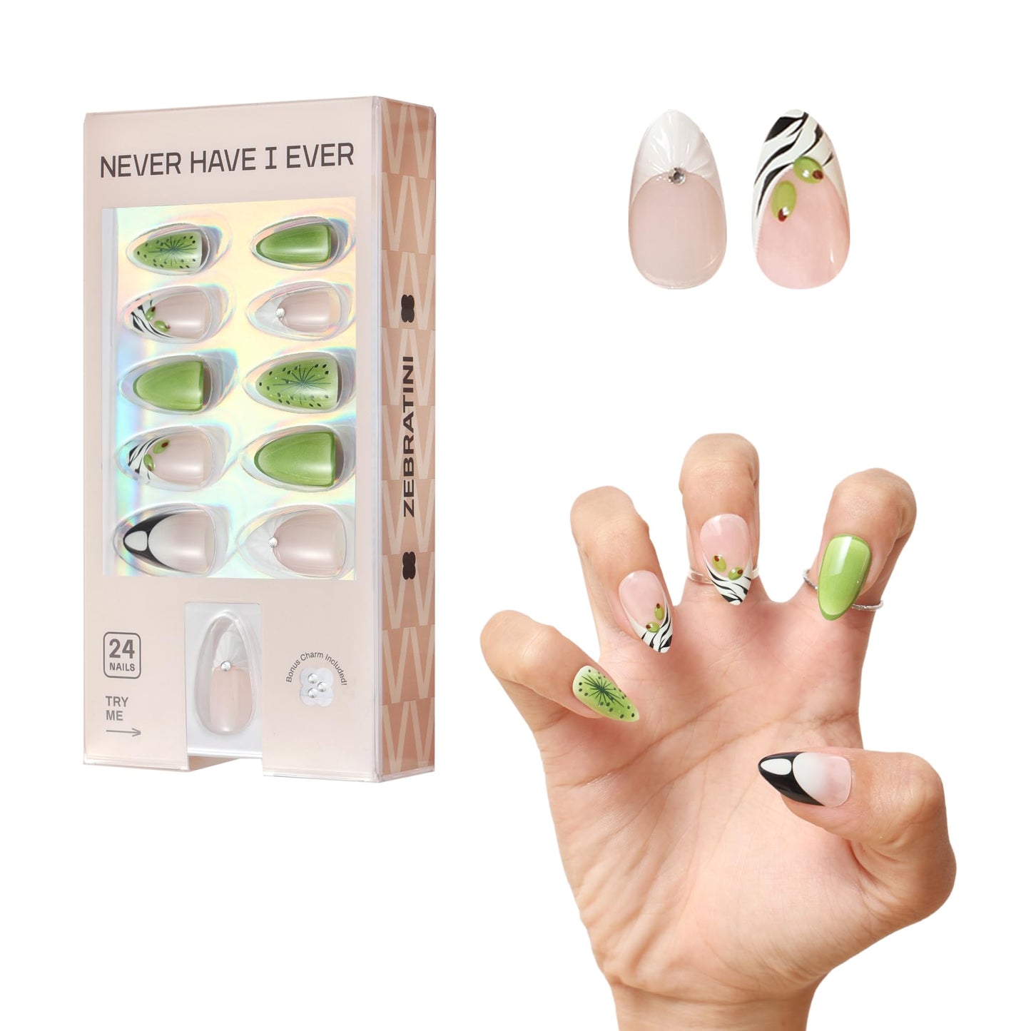 Never Have I Ever ZEBRATINI Short Almond Press On Nails 24 Piece Soft Gel False Nails for Everyday Wear Reusable Comfortable Fit for Women As Seen on Shark Tank