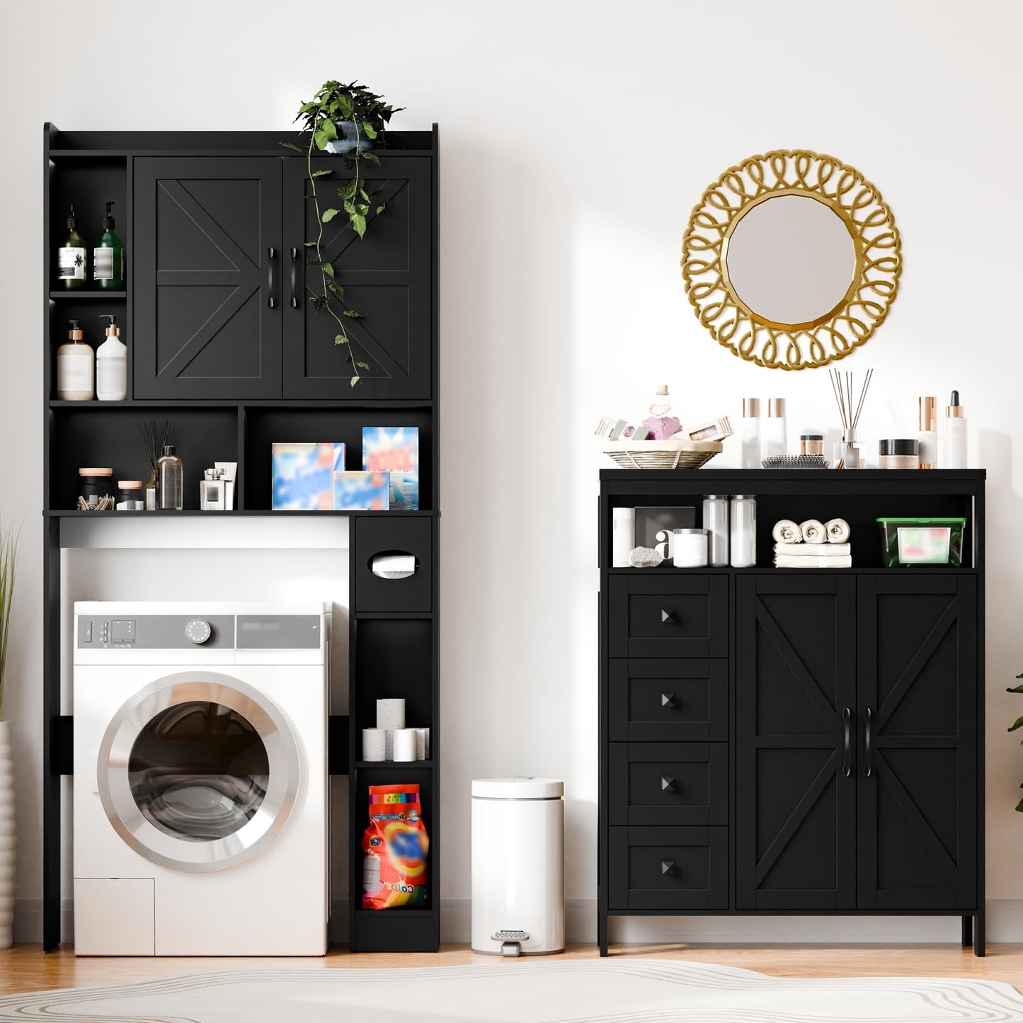 Befrases Farmhouse Storage Cabinet with 2 Doors and 4 Drawers, Freestanding Bathroom Cabinet Kitchen Pantry, Floor Storage Cabinets Hutch Cupboard for Kitchen/Living Room/Bathroom,Pure Black